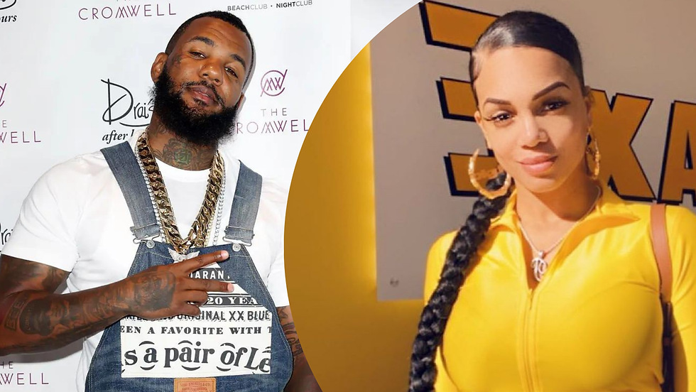 THe Game posing with a chain, Priscilla Rainey posing in yellow set