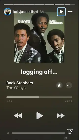 Dillard shares Spotify screenshot of "Back Stabbers" by The O'Jays