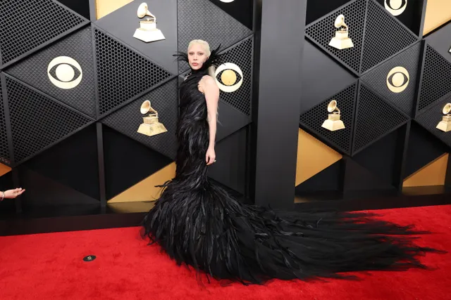 Lady Gaga stuns dramatic and feathery Matières Fécales gown (Getty Images)