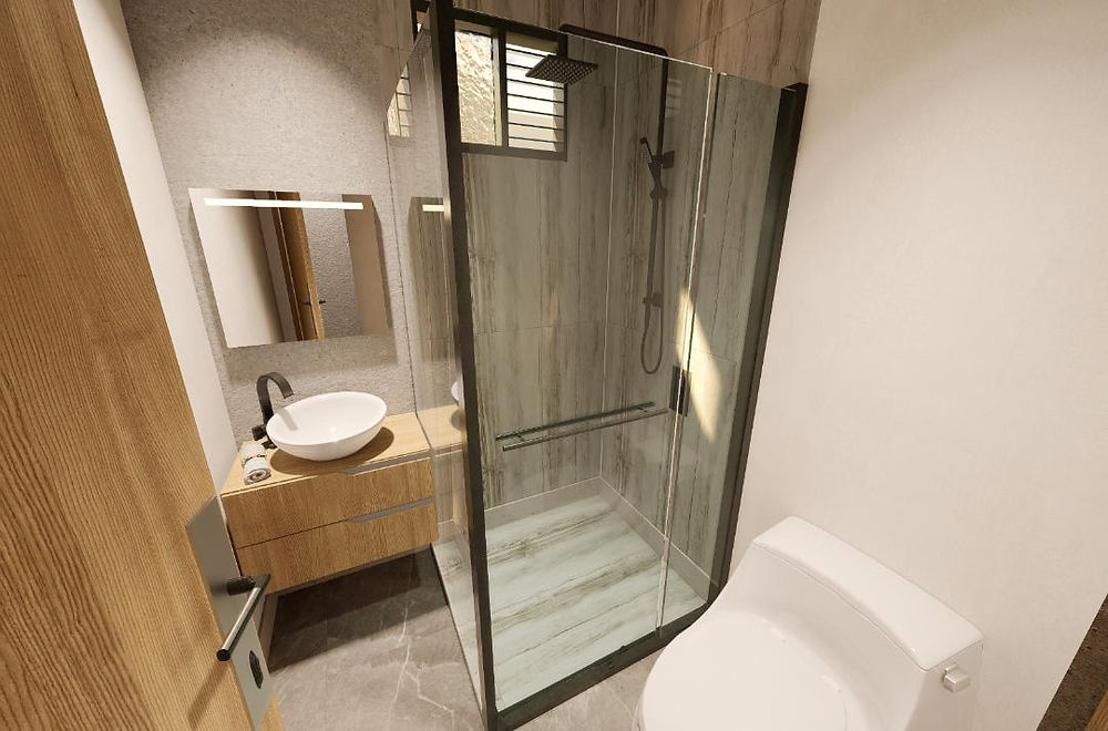 Render interior moderno de Oasis Apartamentos en Bello Antioquia con acabados de lujo y diseño contemporáneo.