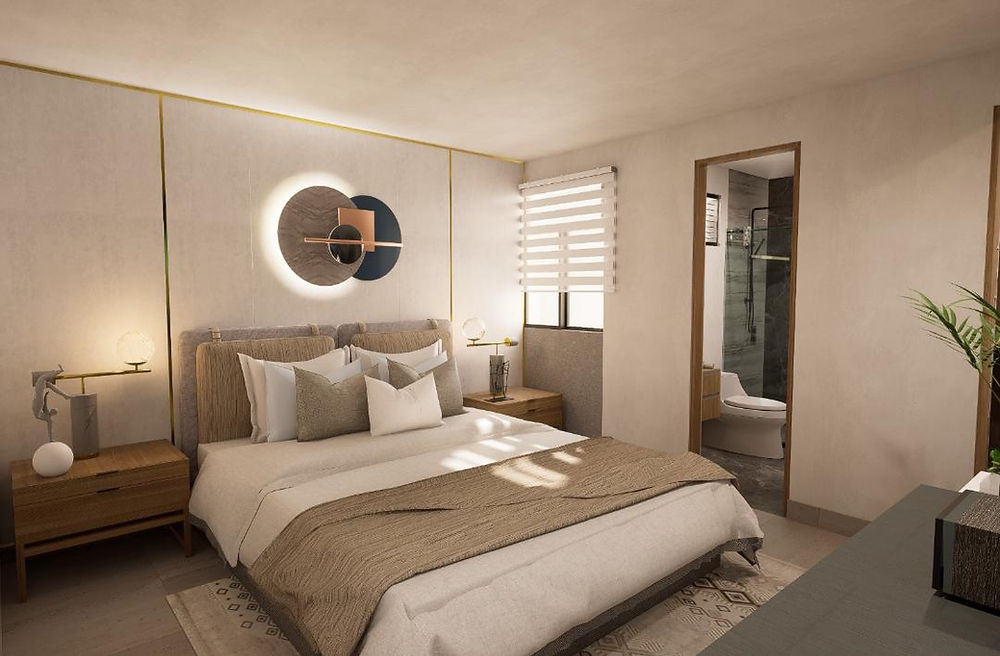 Render interior moderno de Oasis Apartamentos en Bello Antioquia con acabados de lujo y diseño contemporáneo.
