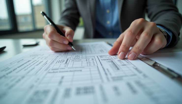 Close-up view of a tax professional reviewing provincial tax forms