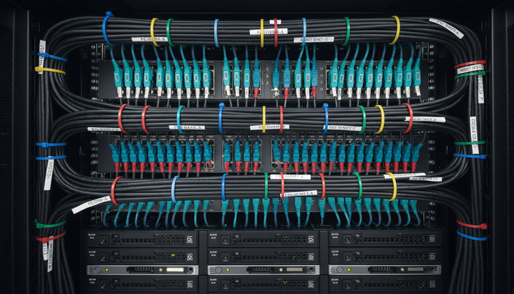 Overhead view of labelled storage network cables running through a rack