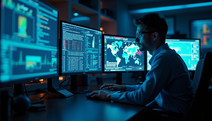 Eye-level view of a cybersecurity operations center with multiple monitors displaying threat intelligence data