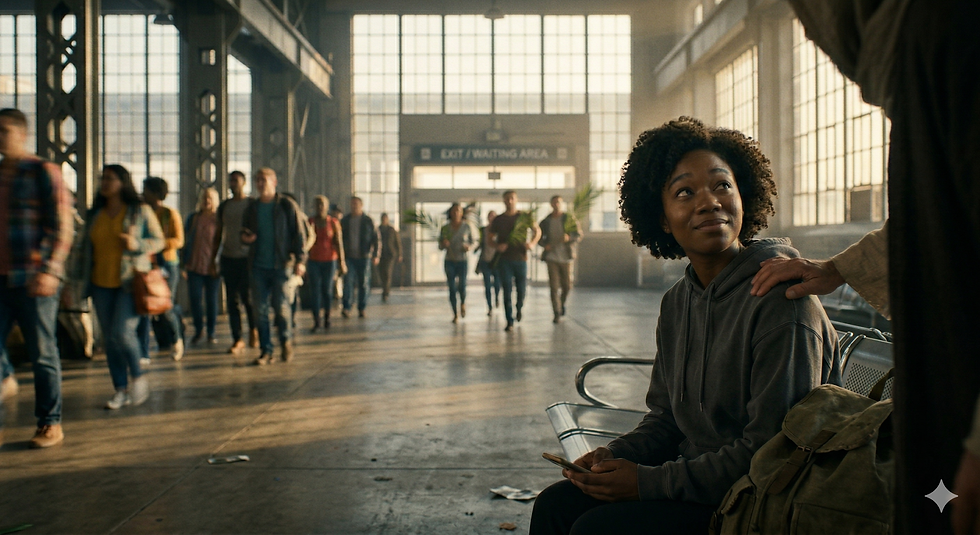 A candid, intimate, cinematic photograph in a large, slightly industrial modern train terminal or airport gate at dawn. A young Black woman, dressed in a simple, worn hoodie and backpack, sits alone, but looks hopefully at someone touching her shoulder. Soft, hazy golden light filters through a large terminal window behind her, casting long shadows. Directly across from her, just outside the focal plane, is a diverse, blurred crowd. A hand, strong and gentle, is seen reaching into the frame, tapping her shoulder, while a figure (face obscured or blurred) simply speaks to her. The camera focuses on the exact moment her expression is beginning to transform—her eyes are looking up, a flicker of profound relief and recognition on her face, the 'feeling of familiar love.' A small crowd runs past them in the background, out of focus, carrying subtle palm fronds (the hidden mandate), heading toward the exit.