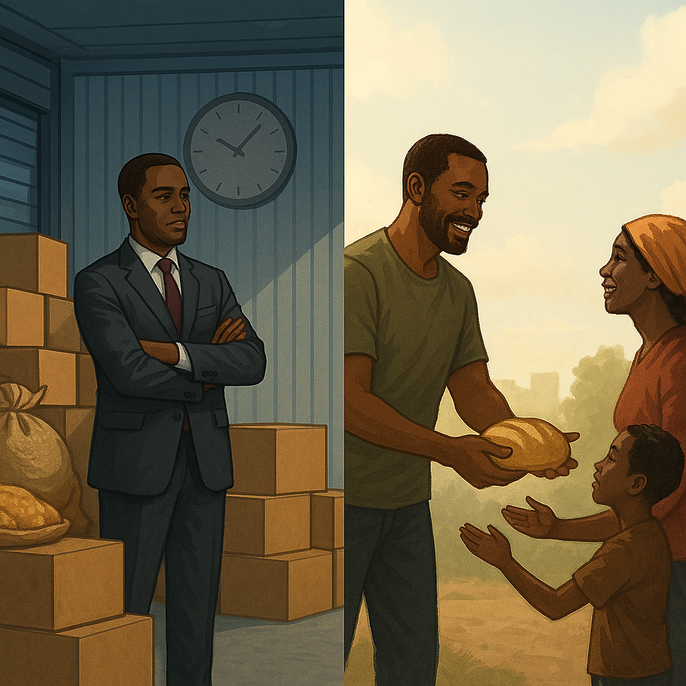 Foreground (Left side):
A modern man in a suit, standing in a sleek, well-lit storage unit or vault, gazing with satisfaction at stacks of boxes or wealth (money, food, assets).
His posture shows pride or confidence — arms crossed, or a slight smirk — as if to say, “I’ve made it.”
Foreground (Right side):
The same man, now dressed simply, outdoors with his hands open and giving food, clothing, or money to a person or family in need.
His posture is peaceful, humble, and joyful — the opposite of self-satisfaction.
Background Symbolism:
A faint silhouette of a clock above the storage unit, symbolizing time slipping away.
A soft light breaking through clouds over the generous man, symbolizing God’s presence and blessing.
