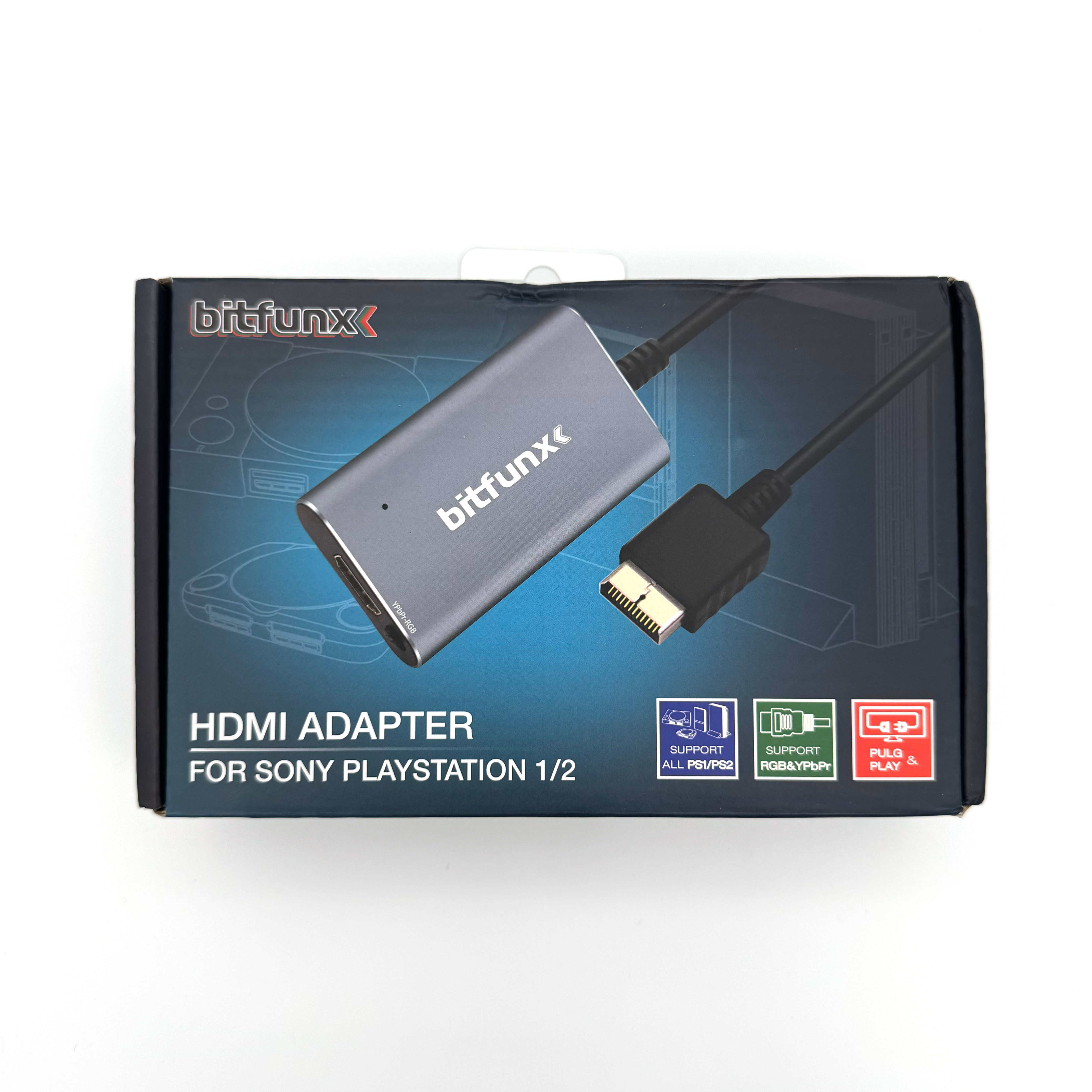 Bitfunx Digital to HDMI Adapter for PlayStation 1 and PlayStation 2 front box