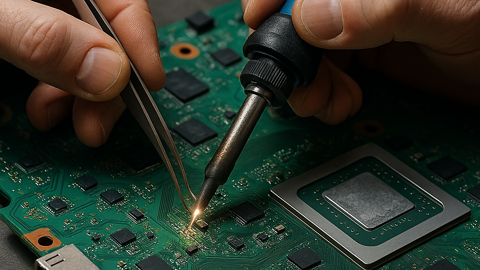 Hands solder a green circuit board using a soldering iron and tweezers on a gray surface, focusing on precision electronics work.