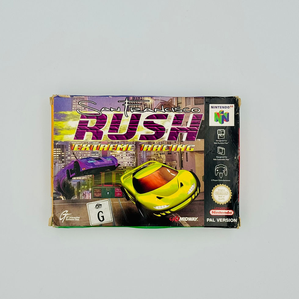Thumbnail: Front of Rush N64 box – Original artwork in good condition, light shelf wear.