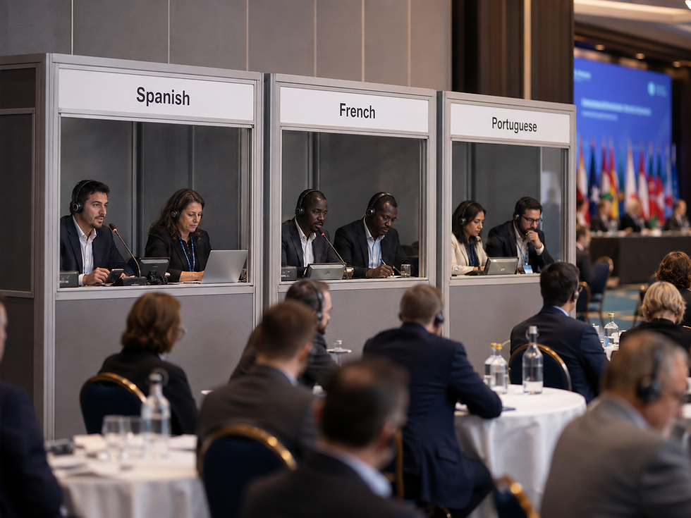 Interpreter booths for simultaneous interpretation at a formal multilingual conference