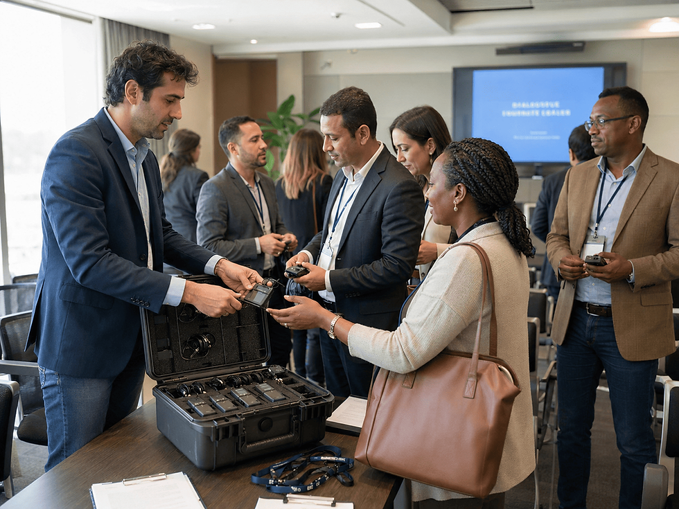 Interpreter distributing portable receivers and headsets for a multilingual meeting