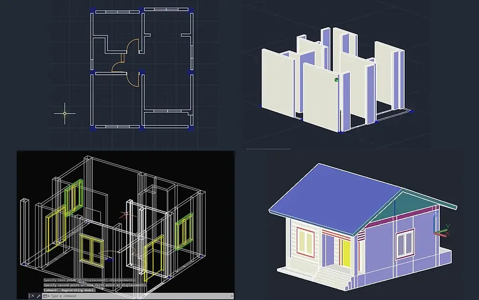 Proses desain rumah AutoCAD 3D minimalis yang mencakup denah 2D, model struktur 3D, hingga tampilan rumah dengan atap sederhana dan konsep modern.