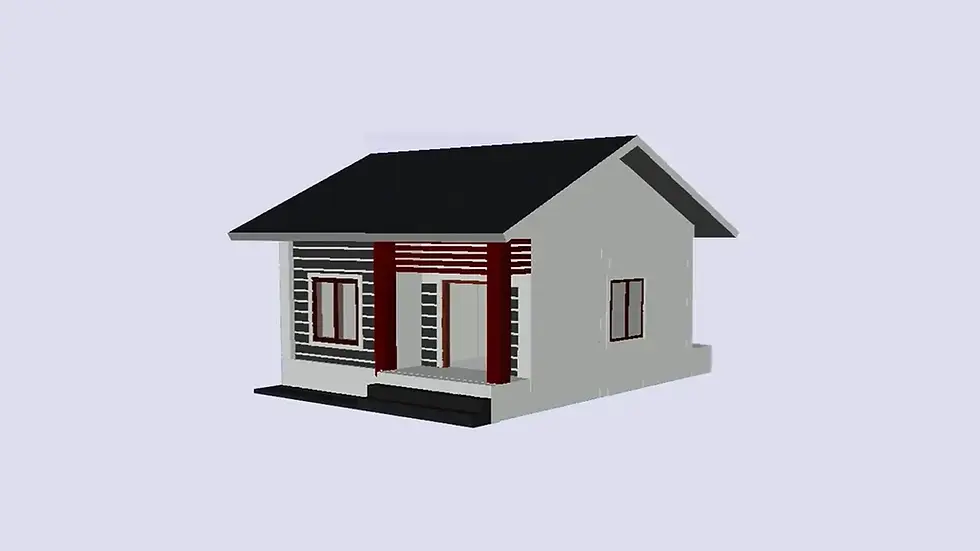 Desain rumah AutoCAD 3D minimalis dengan atap pelana, dinding bercorak modern, dan pintu serta jendela bergaya sederhana, cocok untuk konsep rumah kecil.