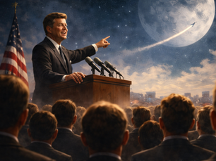 President John F. Kennedy delivering a visionary leadership speech about the moon landing while pointing toward the moon, symbolizing team buy-in and inspirational leadership.
