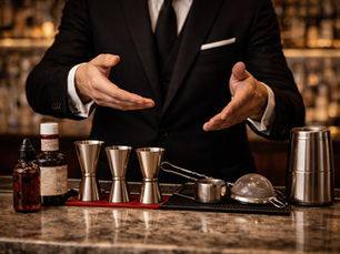 Leader in a tailored suit gesturing over a polished bar with professional tools, symbolizing leadership excellence, discipline, and attention to detail in hospitality service.