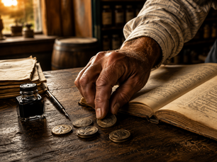 Abraham Lincoln paying store debt with coins beside a ledger, illustrating integrity in leadership