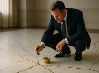 Business leader in a suit repairing cracks in a marble floor with gold, symbolizing leadership lessons in accountability and fixing what is broken.