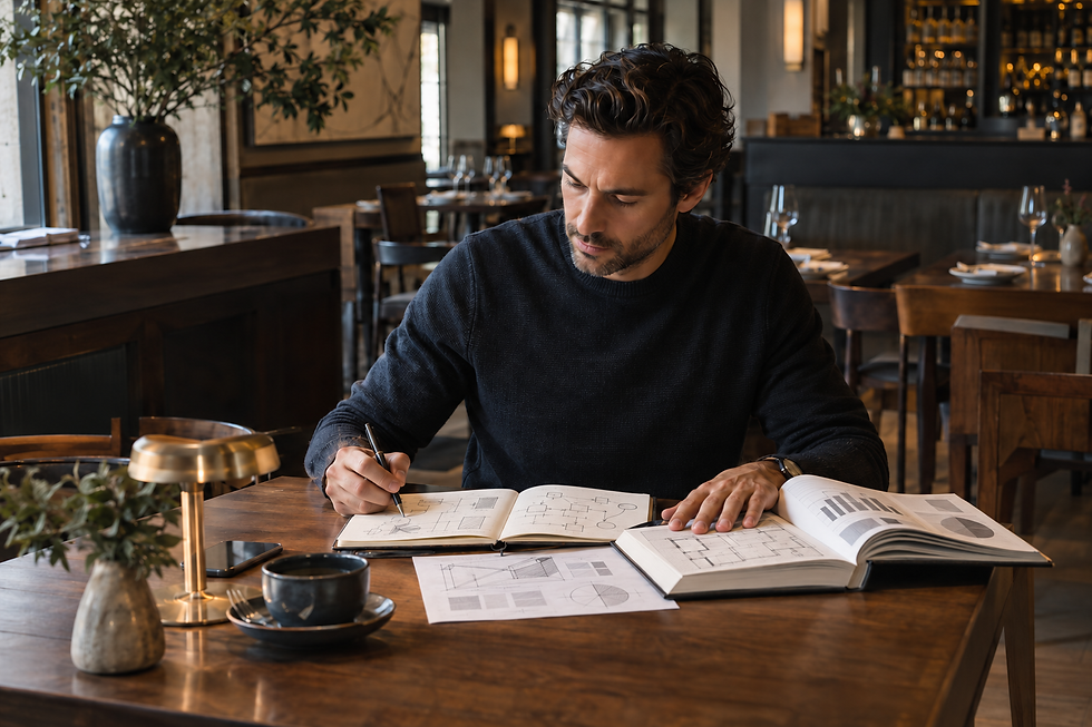 Professional studying operational plans and industry materials in a refined hospitality setting, representing dedication to mastering a subject.