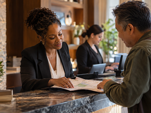 Diverse hospitality professional genuinely helping a guest at a refined reception desk, illustrating authentic care customers can feel.