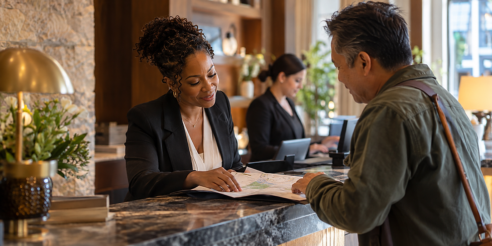 Diverse hospitality professional genuinely helping a guest at a refined reception desk, illustrating authentic care customers can feel.