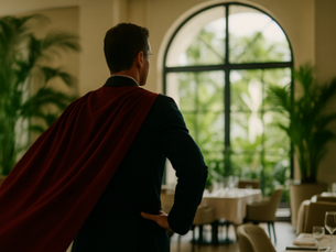 Confident business leader standing with hands on hips in an elegant restaurant, symbolizing leadership success, accountability, and execution mindset.