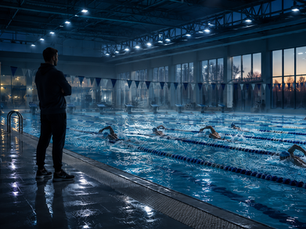 Leader observing swimmers training in an indoor pool, representing grit in leadership, discipline, endurance, and building a resilient team culture.