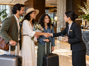 Diverse hotel guests warmly thanked by a hospitality professional, illustrating how exceptional service makes people feel seen and appreciated.