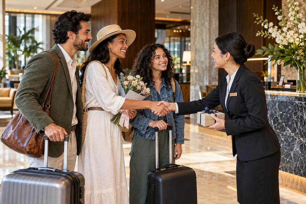 Diverse hotel guests warmly thanked by a hospitality professional, illustrating how exceptional service makes people feel seen and appreciated.