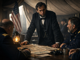 Abraham Lincoln meeting with Union generals inside a Civil War tent, reviewing battle maps by lantern light, symbolizing leadership presence and proximity in decision-making.
