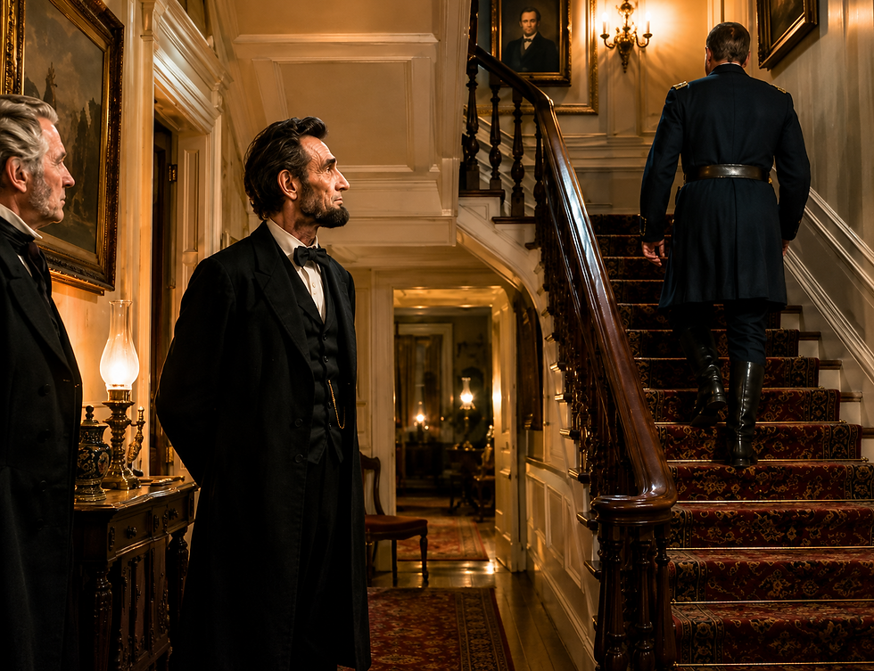 Abraham Lincoln waiting as General George McClellan walks upstairs, illustrating the leadership lesson to be the bigger person.