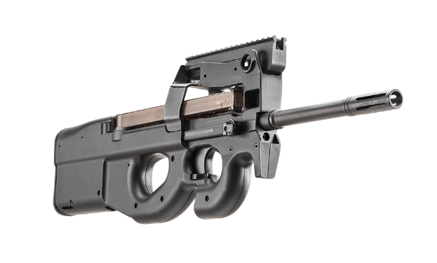 Thumbnail: Angled right-side detail of FN PS90 5.7×28mm PDW, showing fluted barrel, gas system cutouts, and ergonomic pistol grip