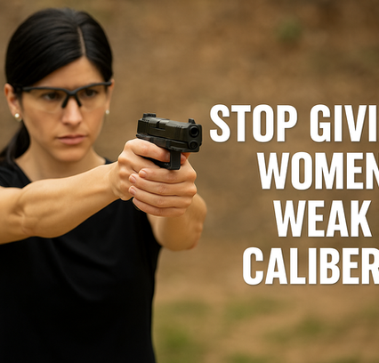 Confident woman aiming a 9mm pistol at an outdoor shooting range with proper hand placement and bold white text saying "Stop Giving Women Weak Calibers"—promoting female firearm empowerment and self-defense awareness.