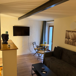 TiLLEY Tiny house in Vinca, onze lounge living met Smart TV