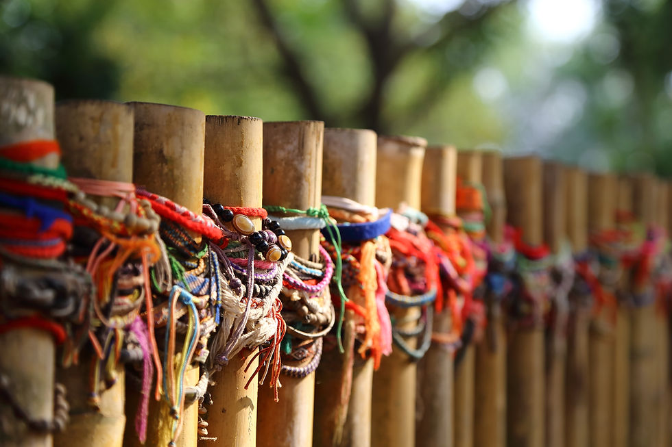Colorful Bracelets tied to bamboo sticks at the Killing Fields Mass Grave in Cambodia.