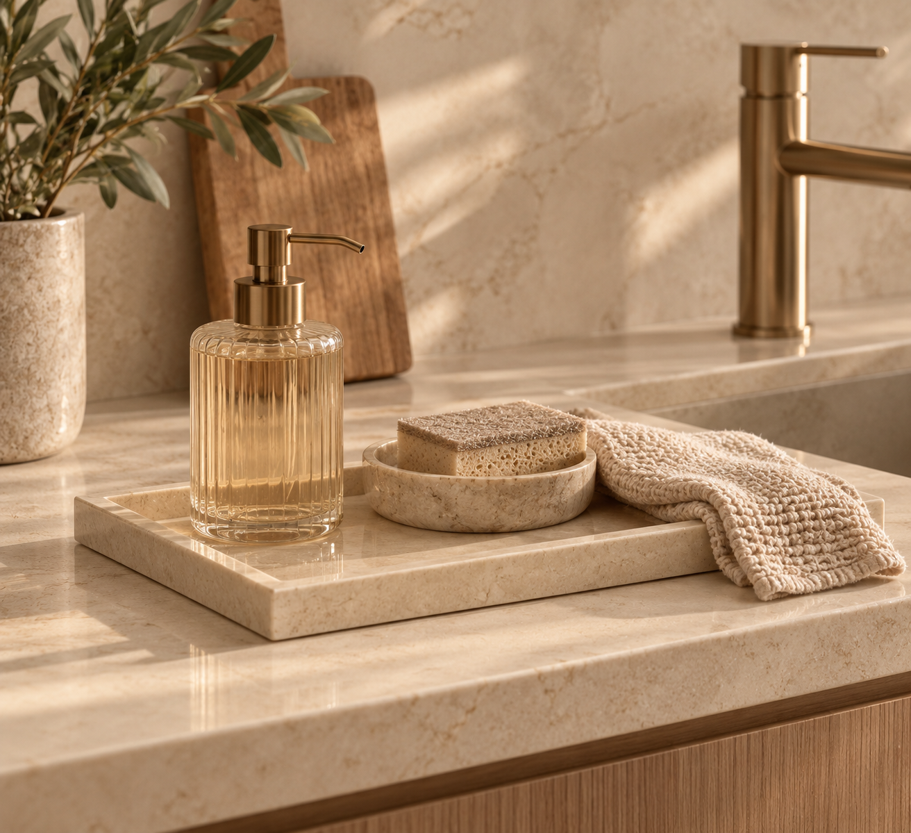 Marenyss Marmor-Tablett aus Crema Marfil mit Spülmittel und Küchenaccessoires neben der Spüle