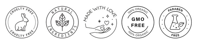 Certification icons for cruelty free, natural ingredients, made with love, GMO free organic, and paraben free products