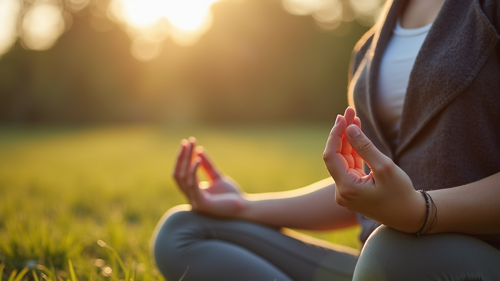 Close-up view of a person practicing mindful breathing outdoors