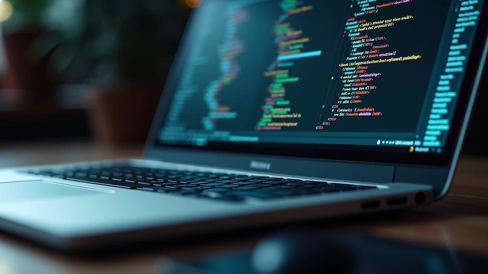 Close-up view of a laptop with coding on the screen