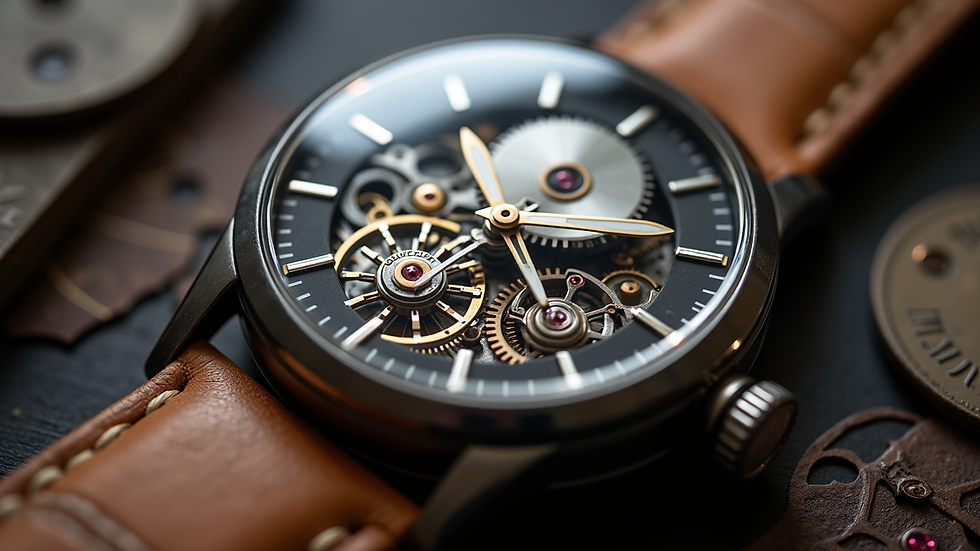 Close-up view of a unique mechanical watch with intricate details