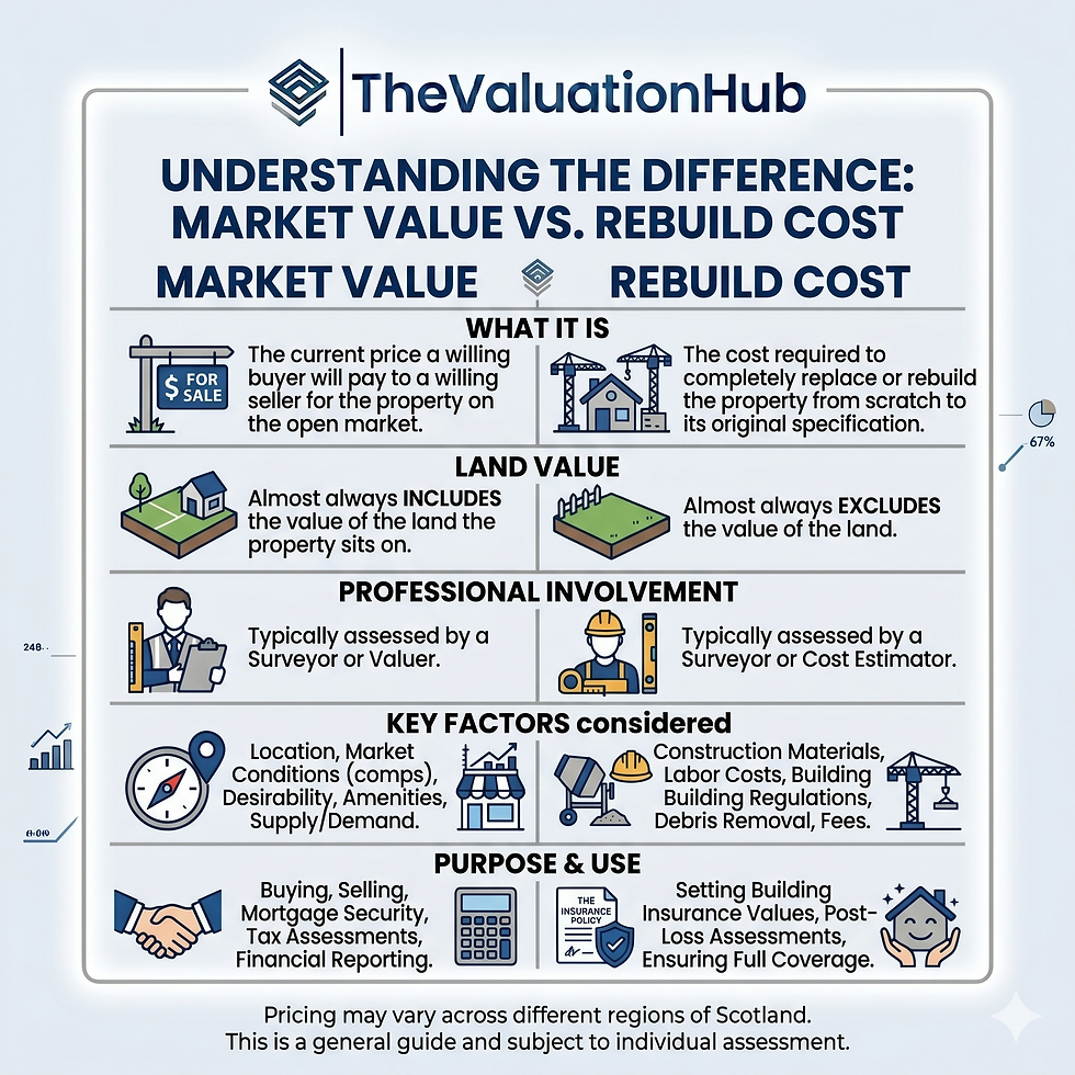 TheValuationHub infographic comparing market value vs rebuild cost in property appraisal, with icons and key factors.