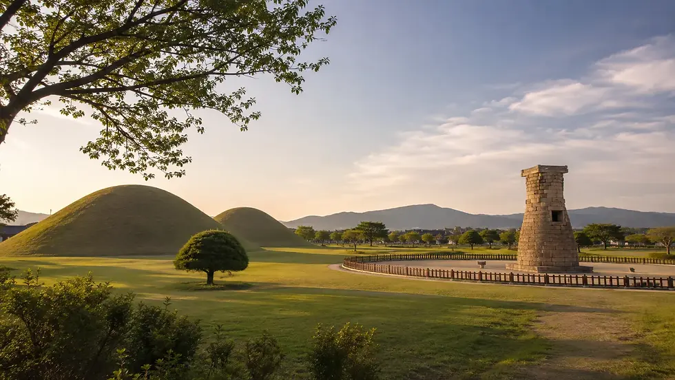 Peaceful Gyeongju heritage landscape with royal tombs and Cheomseongdae Observatory