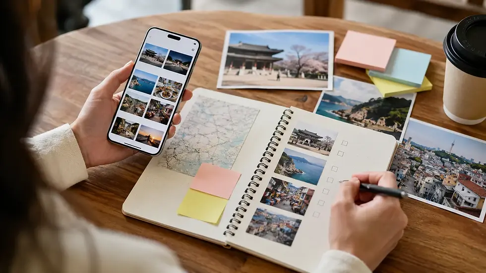 Traveler creating a simple Korea travel wish list with screenshots, photos, and short notes