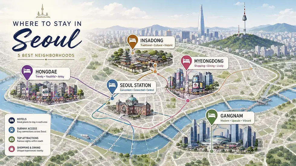 Where to stay in Seoul map showing Myeongdong, Hongdae, Gangnam, Insadong, and Seoul Station for travelers