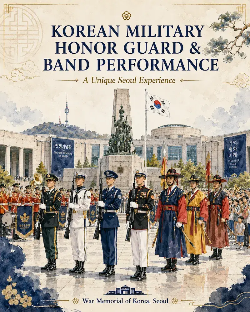 Stylized illustration featuring the Korean military honor guard, military band, and traditional honor guard at the War Memorial of Korea in Seoul