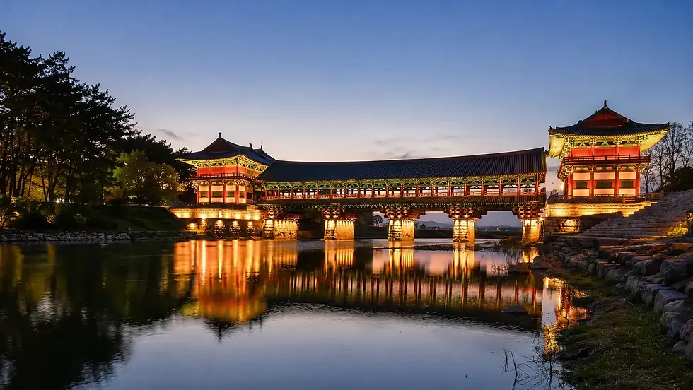 Evening view of Woljeonggyo Bridge in Gyeongju reflected on the water