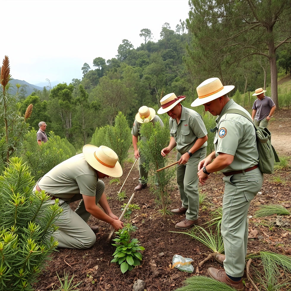 6 personas en uniforme de campo plantando arboles de bosque tropical en un paisaje montaño