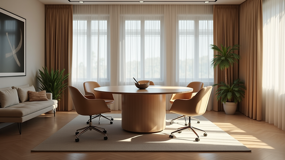 Eye-level view of a serene meeting space with a round table and comfortable seating