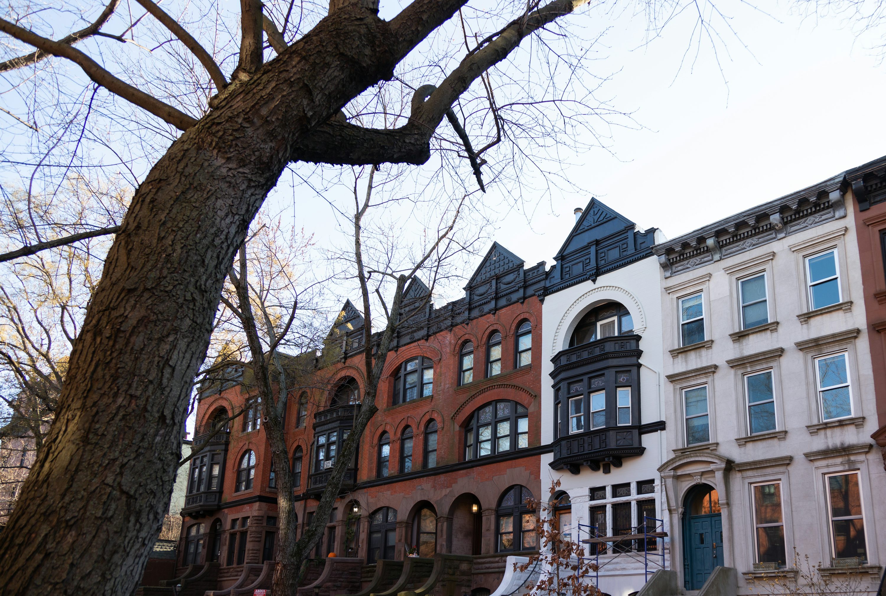Historic brownstone homes on a New York City street
