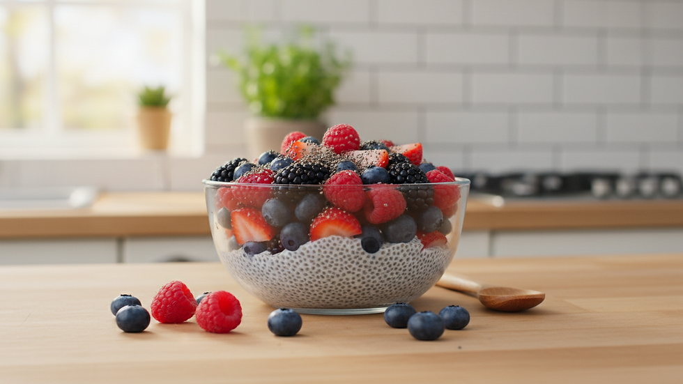 Eye-level view of a bowl of mixed berries and chia seeds on a kitchen counter