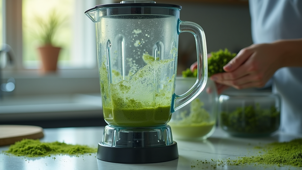 Eye-level view of a blender with sea moss gel being prepared